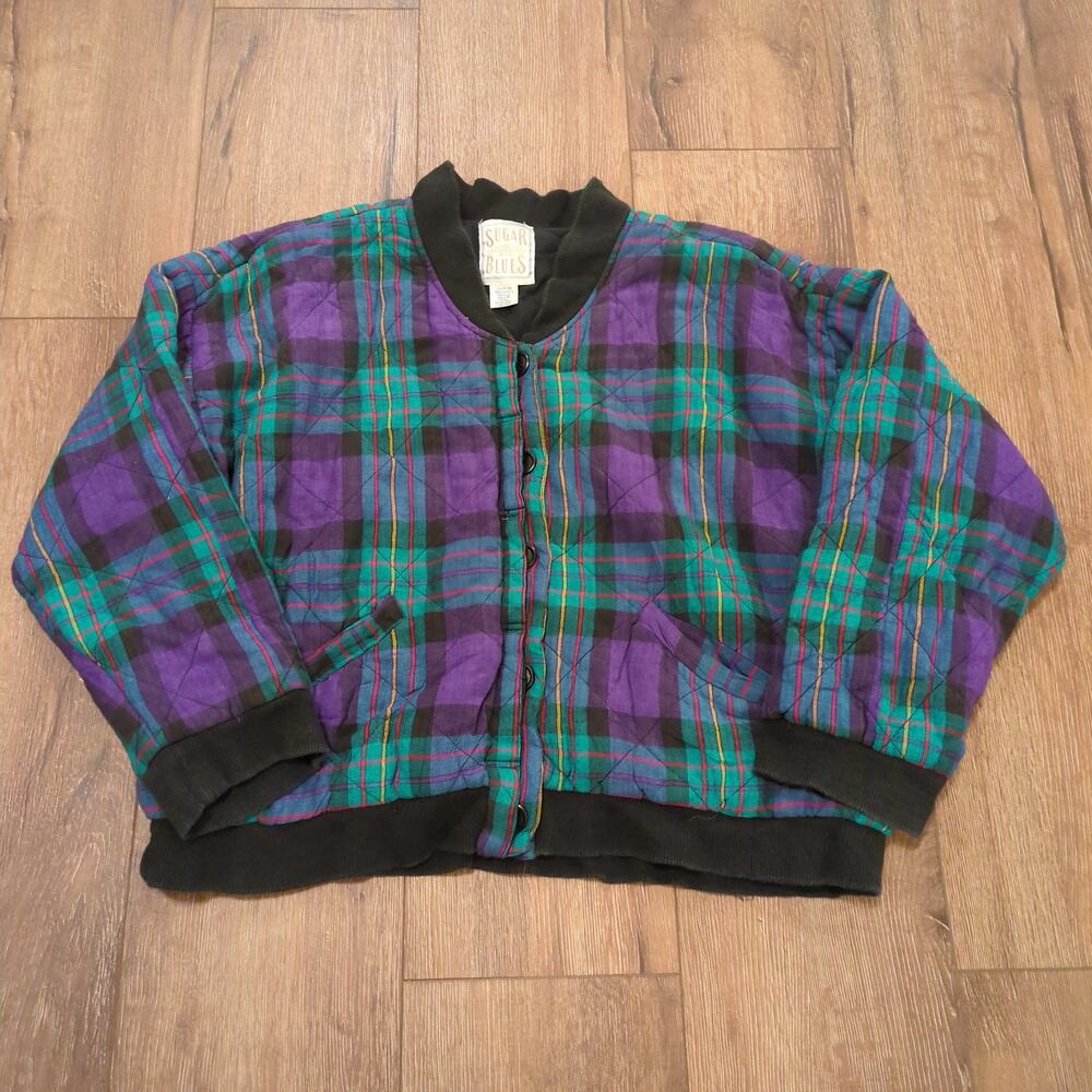 VTG Sugar Blues‎ Adult XL Blanket Quilted Jacket Button Plaid Skater Ski Surf